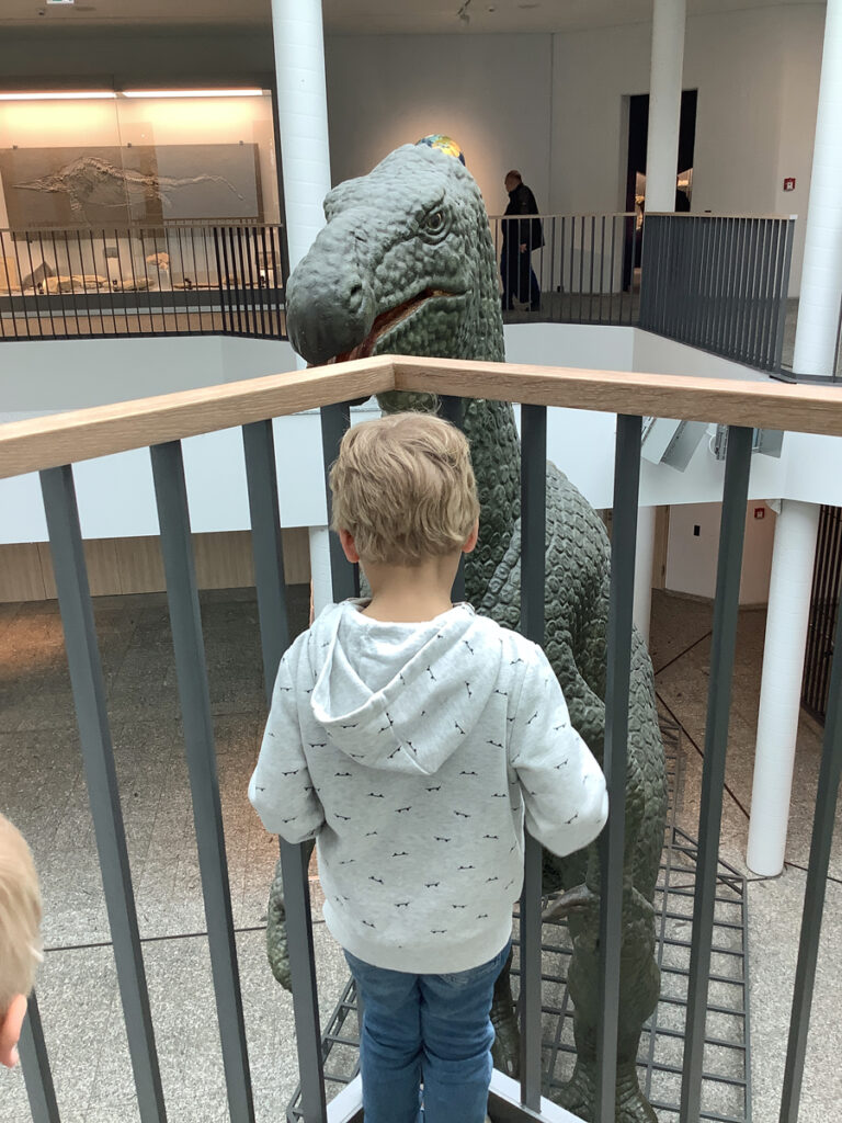 Ein Kind bestaunt den riesigen Dinosaurier im Naturmuseum Dortmund