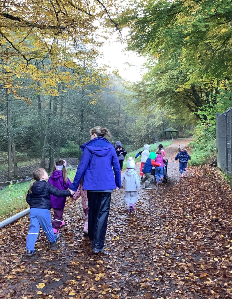 Kinder und Erwachsene gehen auf einem Weg voller Blaetter in den Wald