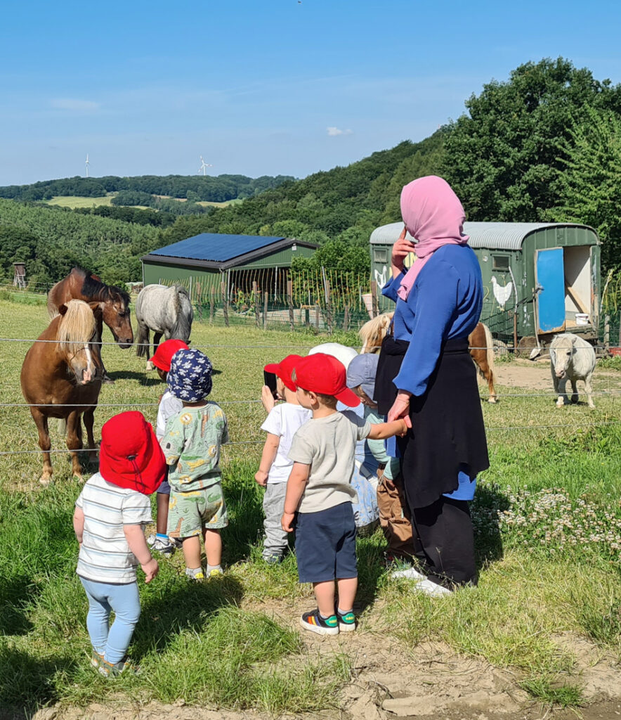 Kinder und eine Erzieherin beobachten Pferde die hinter dem Zaun auf einer grossen Wiese sind