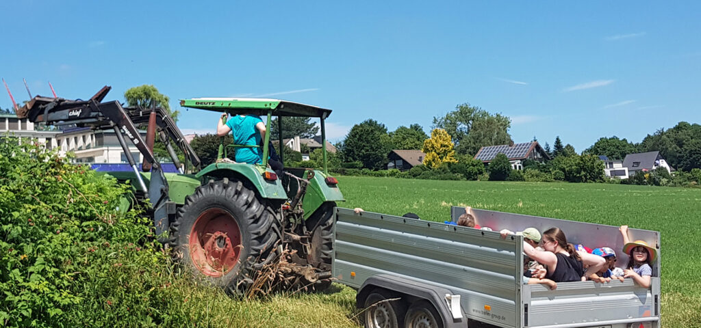 Kinder sitzen im Anhaenger eines Traktors und werden darin auf eine Wiese gefahren