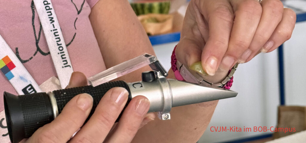 Die Dozentin der Junioruni haelt eine halbe Weintraube vor ein Refraktormeter