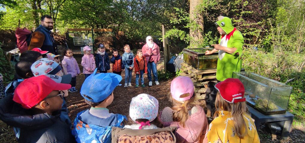 Eine Kindergruppe steht im Halbkreis um einen Mann im gruenen Froschkostuem herum der etwas erklaert