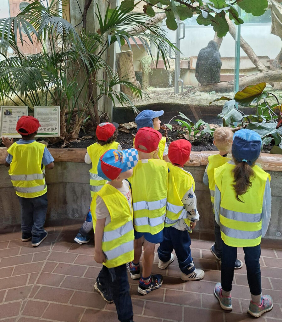 Kinder stehen vor einer Glasscheibe im Zoo und beobachten einen Menschenaffen